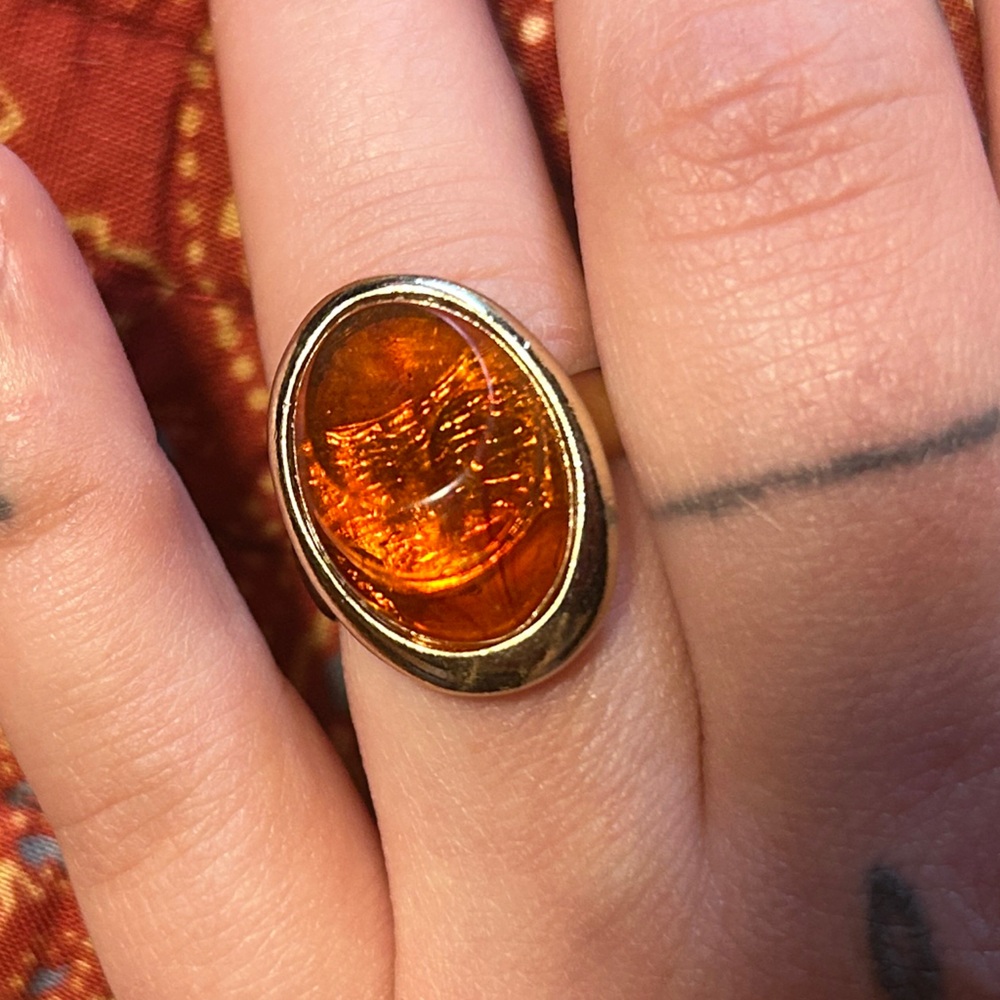 Vintage Sarah Coventry Amber Ring Amber Gold Toned Signed Ring ADJUSTABLE